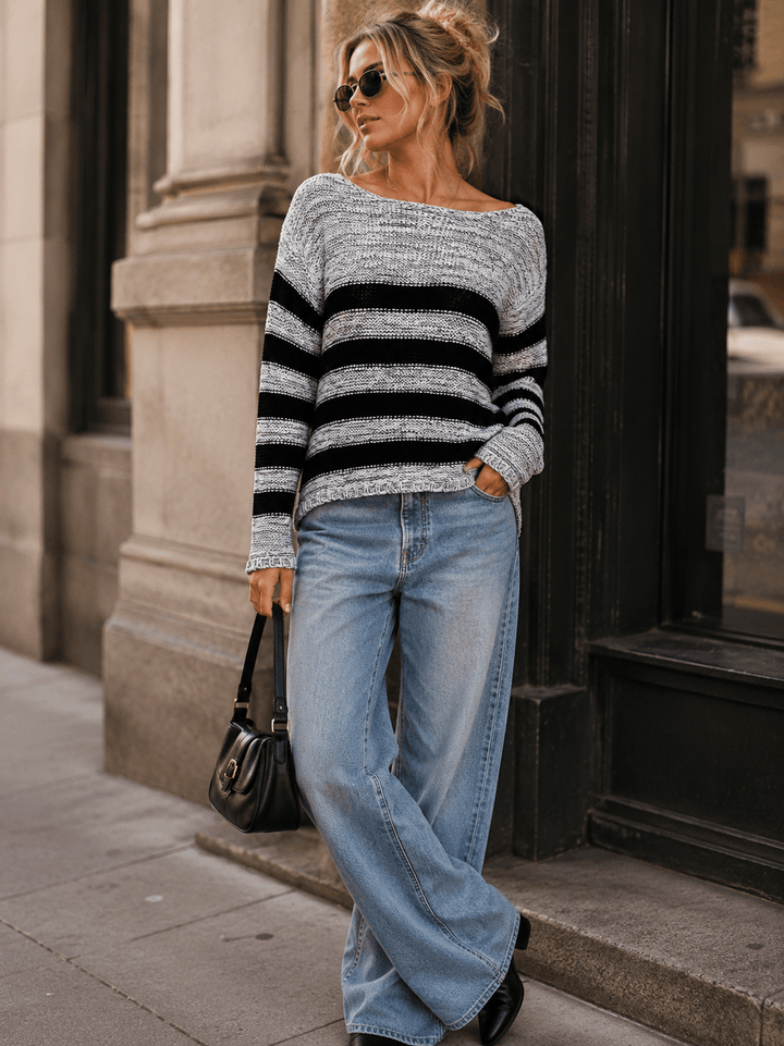 WOMEN'S LONG SLEEVE ELBOW PATCH COLORBLOCK STRIPES SWEATER