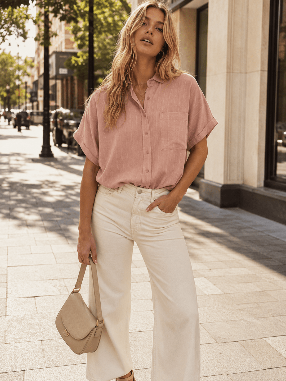WOMEN'S SHORT SLEEVE BUTTON UP LOOSE FIT TOP