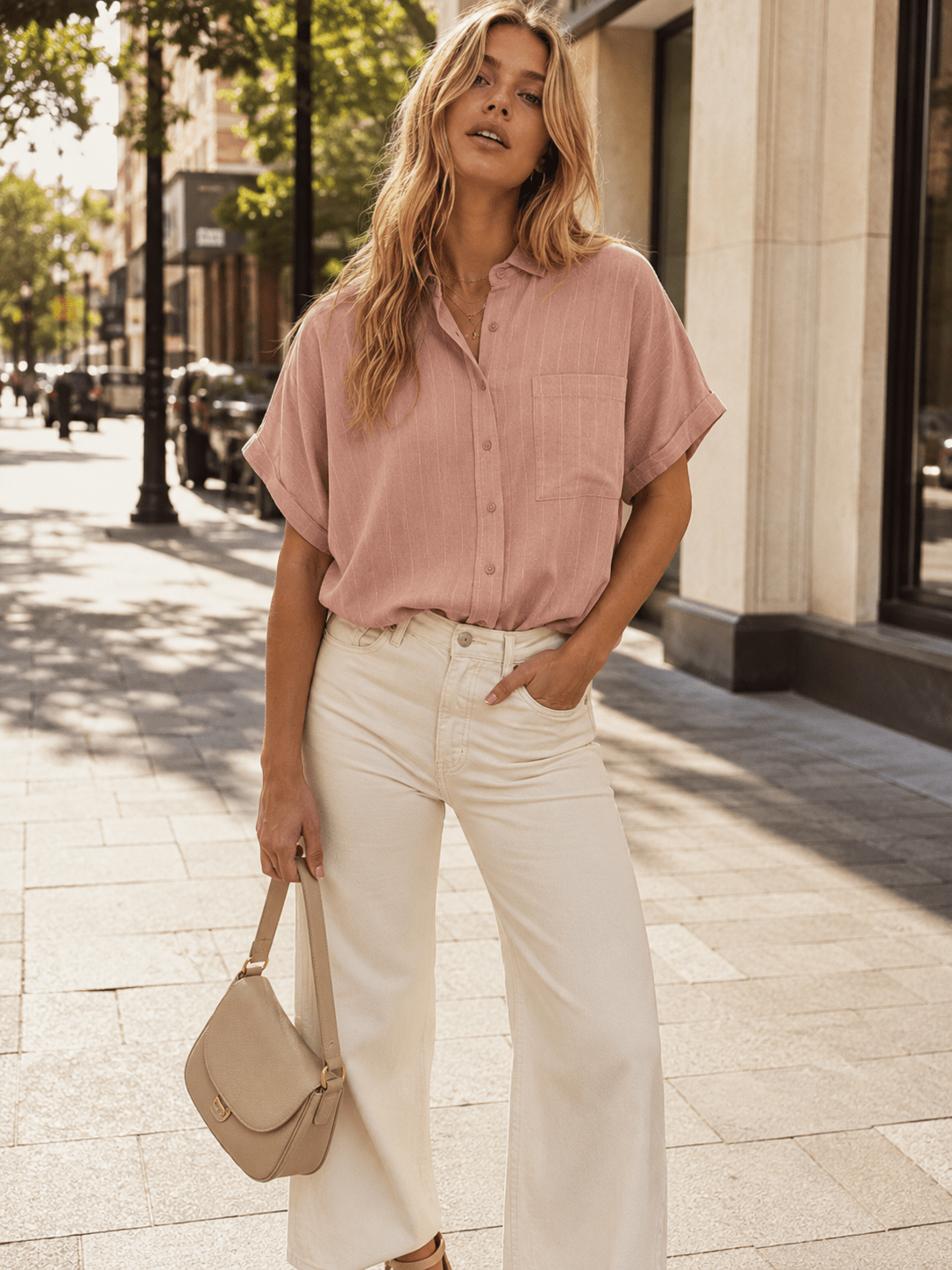 WOMEN'S SHORT SLEEVE BUTTON UP LOOSE FIT TOP