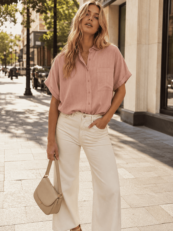 WOMEN'S SHORT SLEEVE BUTTON UP LOOSE FIT TOP
