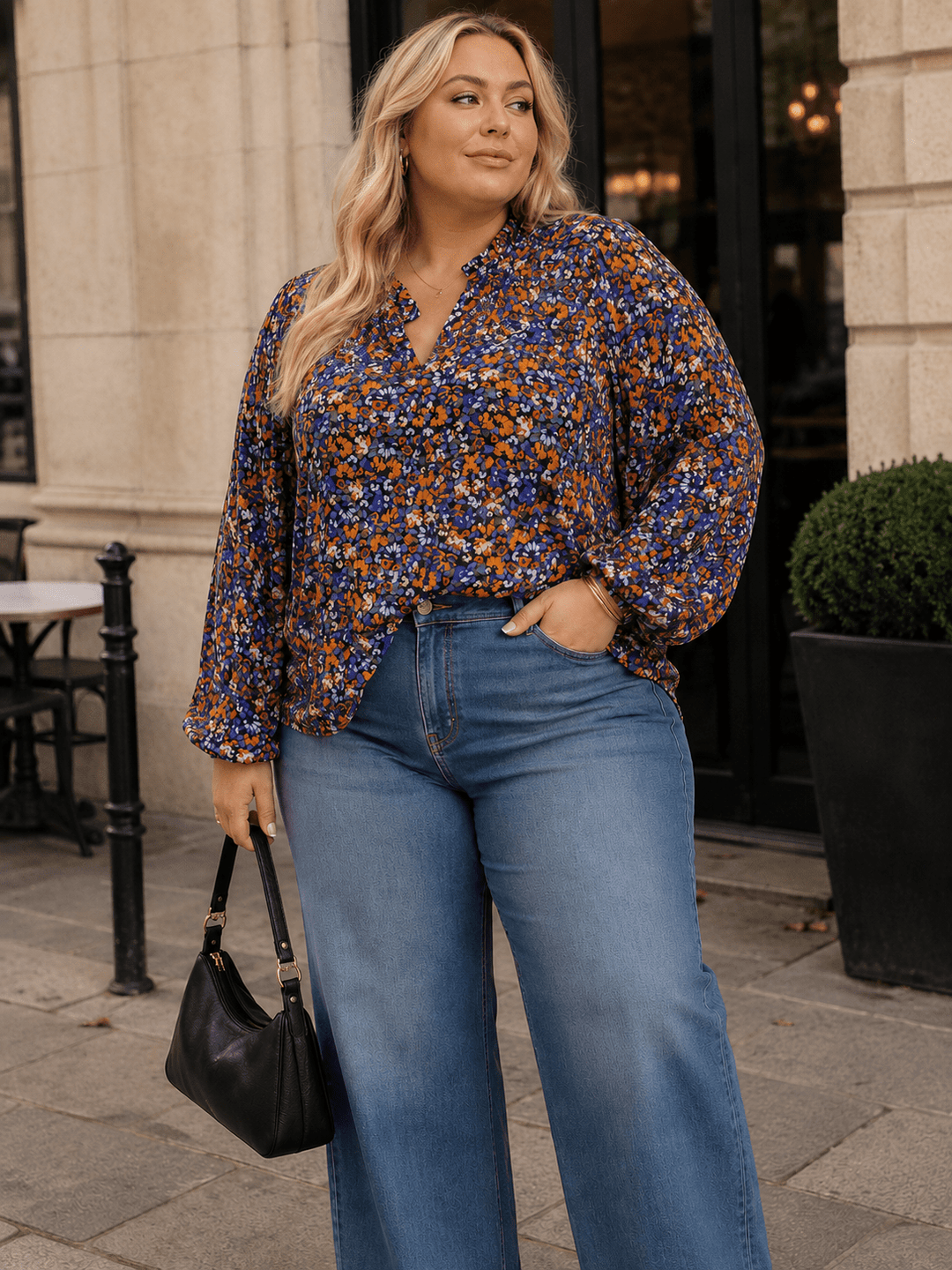 PLUS SIZE LONG SLEEVE V-NECK FLORAL PRINT BLOUSE