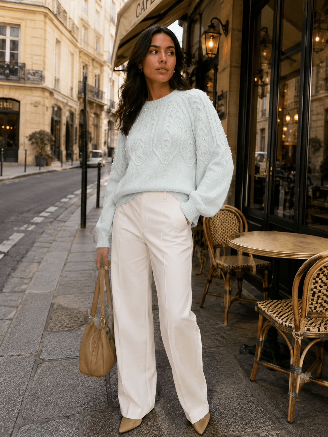 WOMEN'S LONG SLEEVE PEARL DETAILED PULLOVER SWEATER
