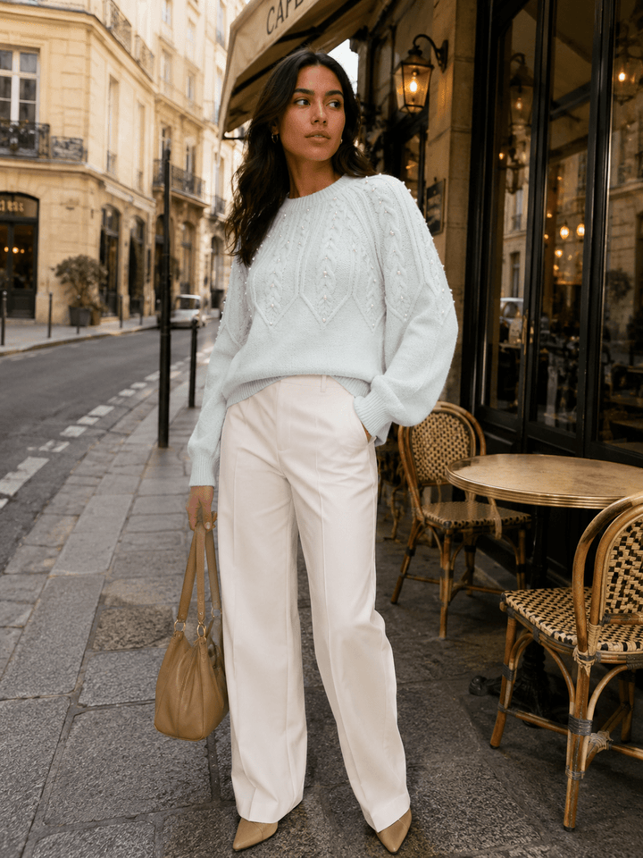 WOMEN'S LONG SLEEVE PEARL DETAILED PULLOVER SWEATER