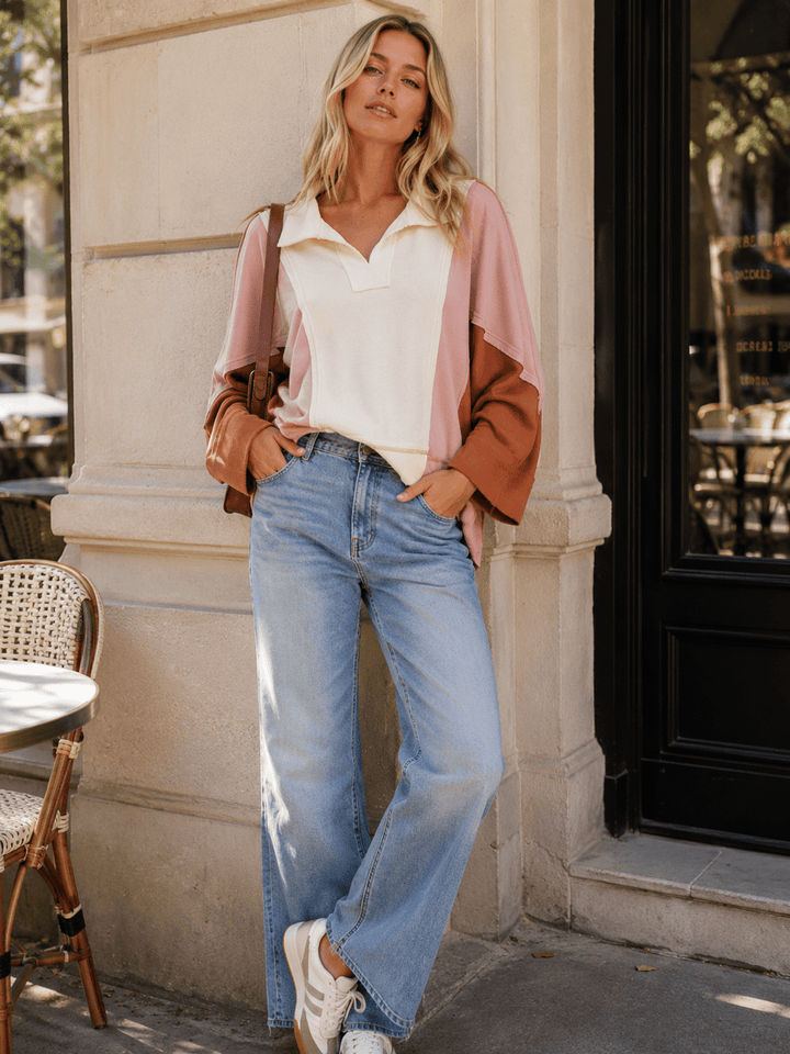WOMEN'S LONG SLEEVE V-NECK COLORBLOCK TOP
