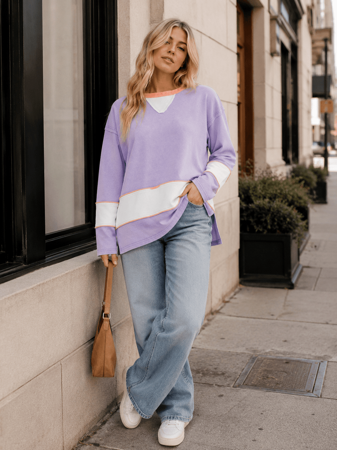 WOMEN'S LONG SLEEVE HIGH-LOW COLORBLOCK TOP