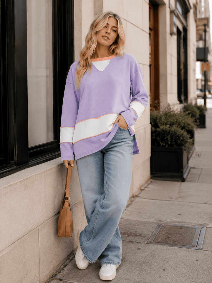 WOMEN'S LONG SLEEVE HIGH-LOW COLORBLOCK TOP