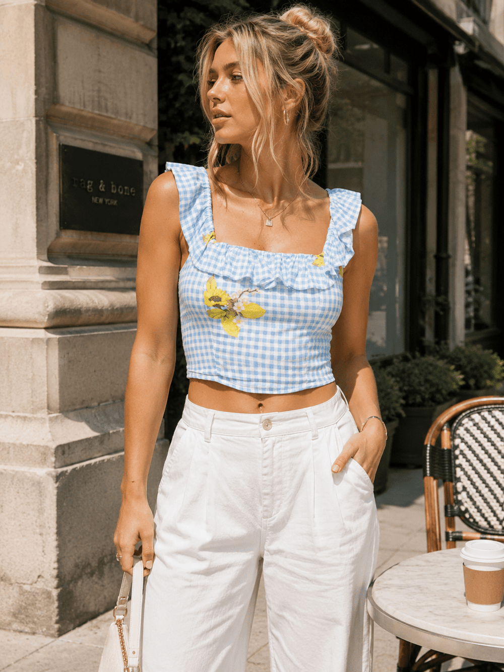 WOMEN'S SLEEVELESS RUFFLE SQUARE NECK SMOCK PLAID CROP TOP