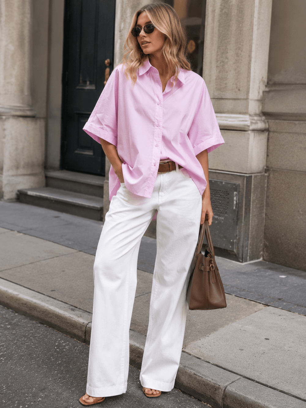 WOMEN'S SHORT SLEEVE BUTTON UP LOOSE FIT TOP