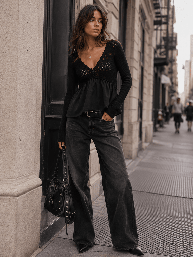 WOMEN'S LONG SLEEVE V-NECK PEPLUM CROCHET CONTRAST TOP