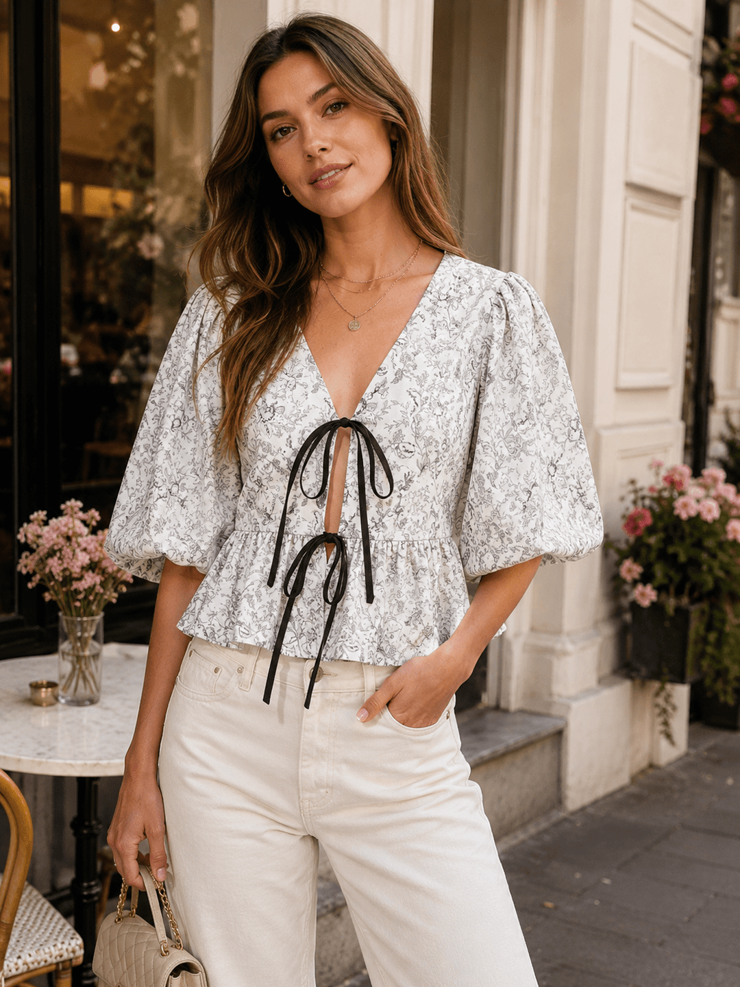 WOMEN'S SHORT PUFF SLEEVE FRONT TIE FLORAL BLOUSE