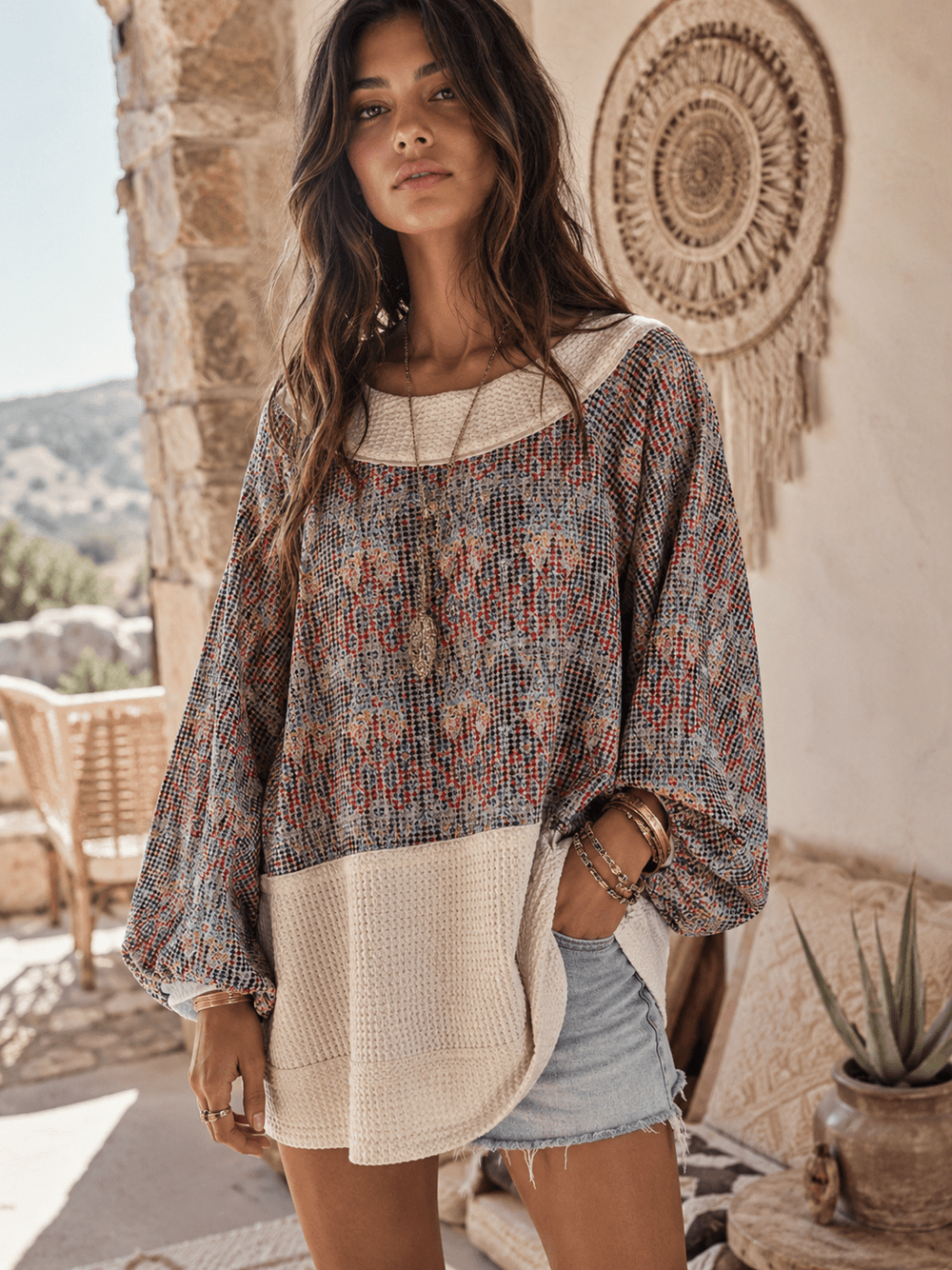 WOMEN'S LONG SLEEVE FRONT POCKET MULTI PRINT RIBBED OVERSIZED TOP