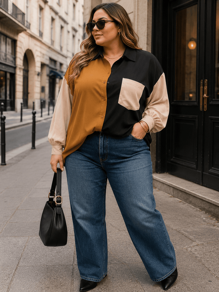 PLUS SIZE LONG SLEEVE BUTTON UP FRONT POCKET COLORBLOCK SHIRT