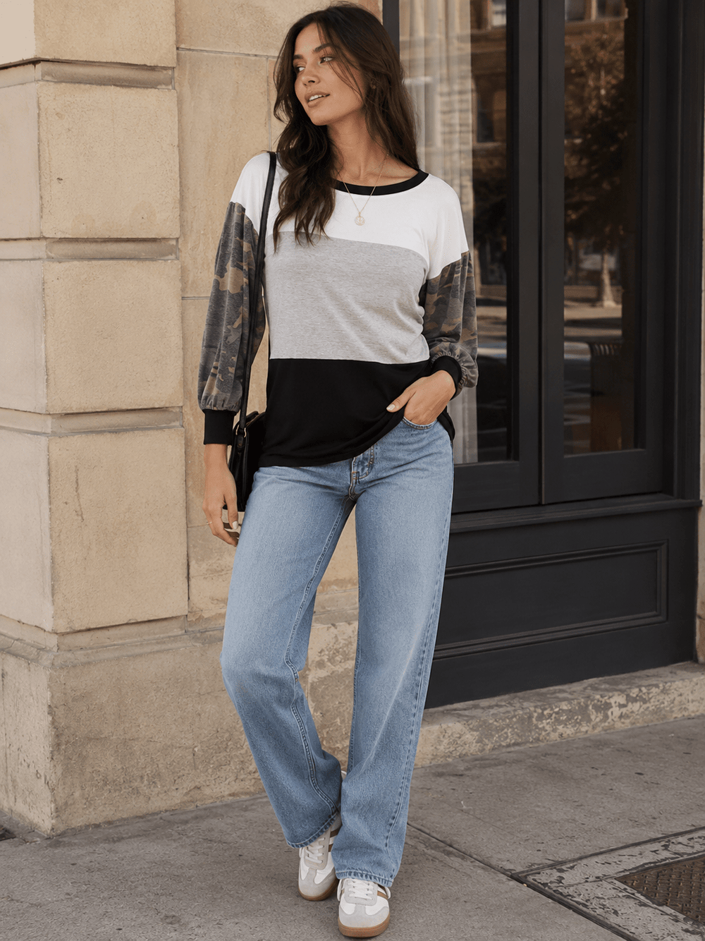 WOMEN'S 3/4 SLEEVE COLORBLOCK CONTRAST CAMO PRINT TOP