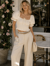 WOMEN'S SHORT PUFF SLEEVE SQUARE NECK SMOCK TOP