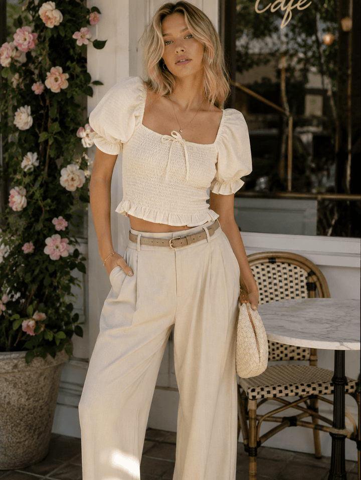 WOMEN'S SHORT PUFF SLEEVE SQUARE NECK SMOCK TOP