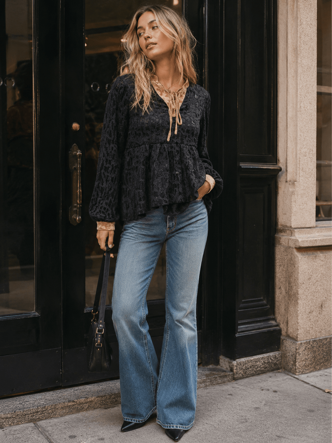 WOMEN'S LONG SLEEVE V-NECK VELVET BLOUSE