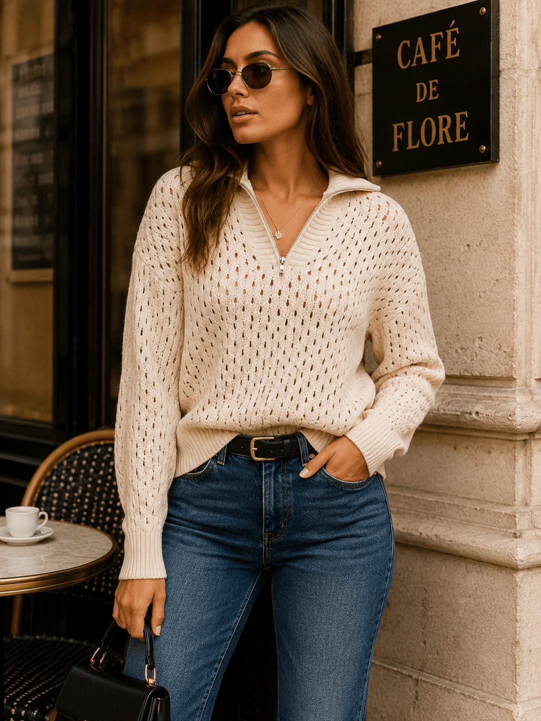WOMEN'S LONG SLEEVE ZIP UP CROCHET PULLOVER SWEATER