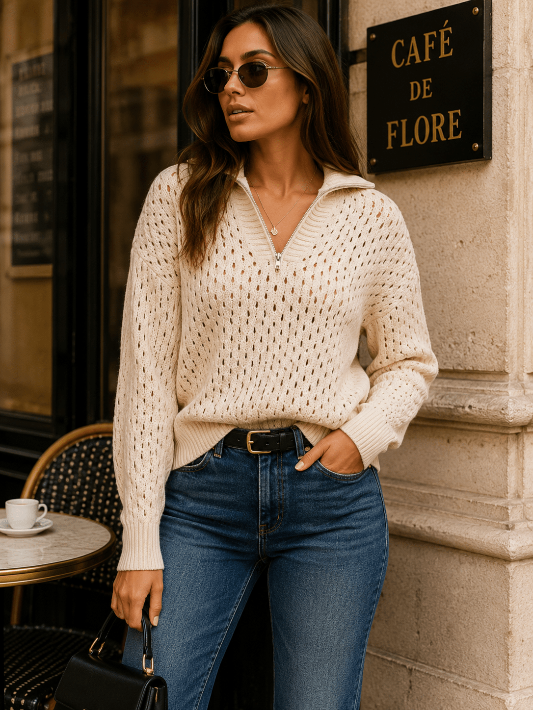 WOMEN'S LONG SLEEVE ZIP UP CROCHET PULLOVER SWEATER