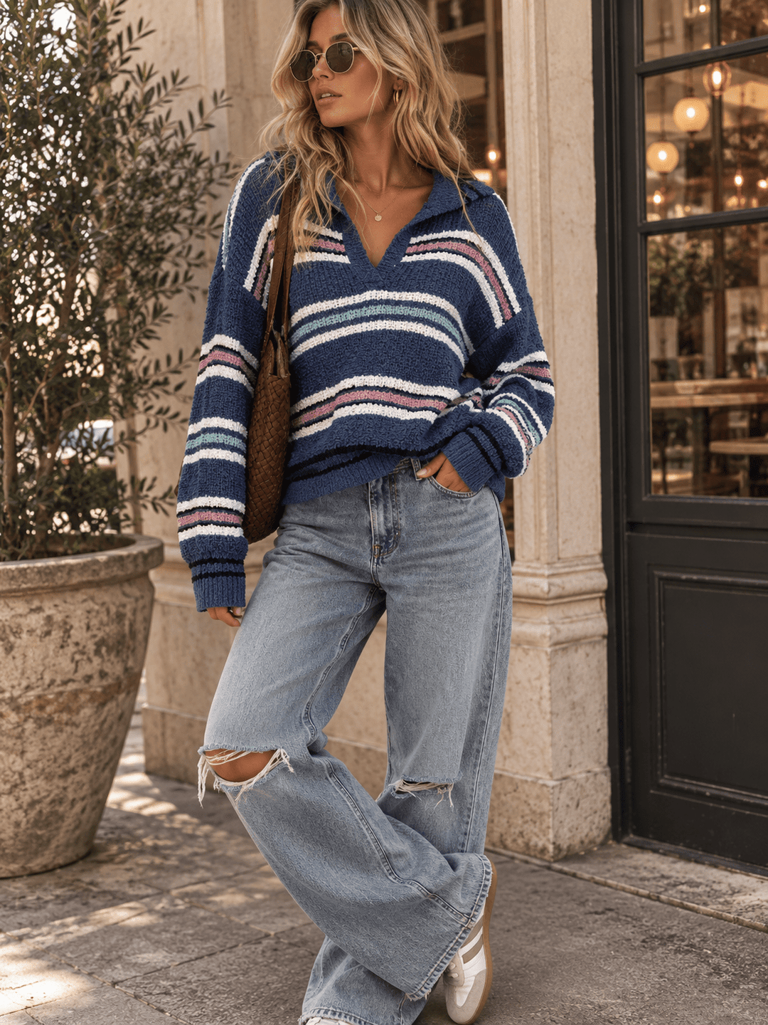 WOMEN'S LONG SLEEVE V-NECK COLORBLOCK STRIPES PULLOVER SWEATER