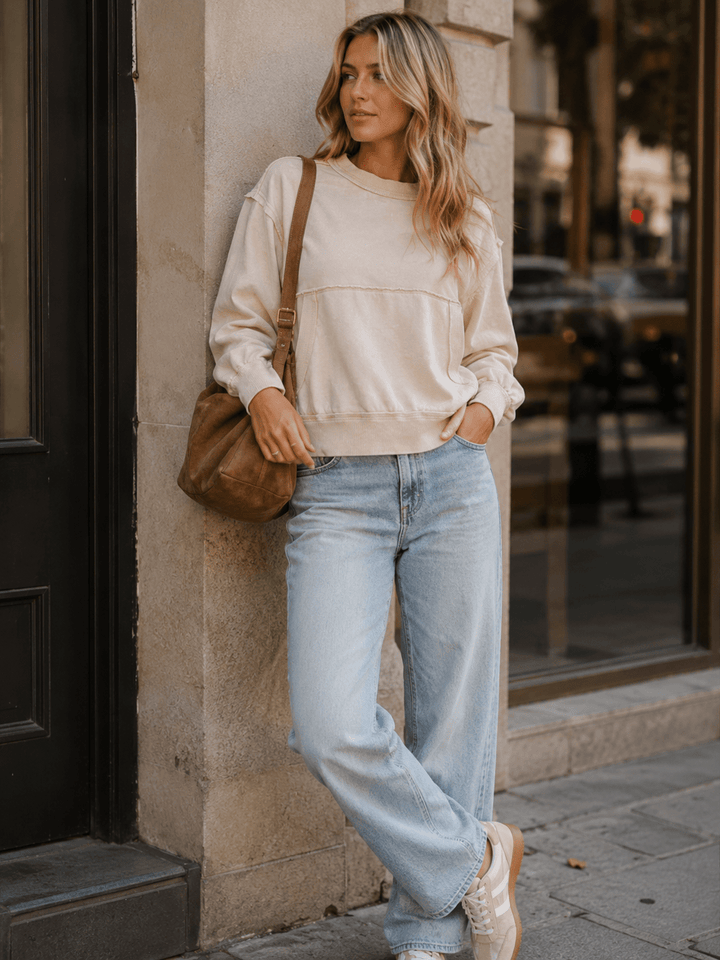 WOMEN'S LONG SLEEVE FRONT POCKETS WASHED PULLOVER SWEATER