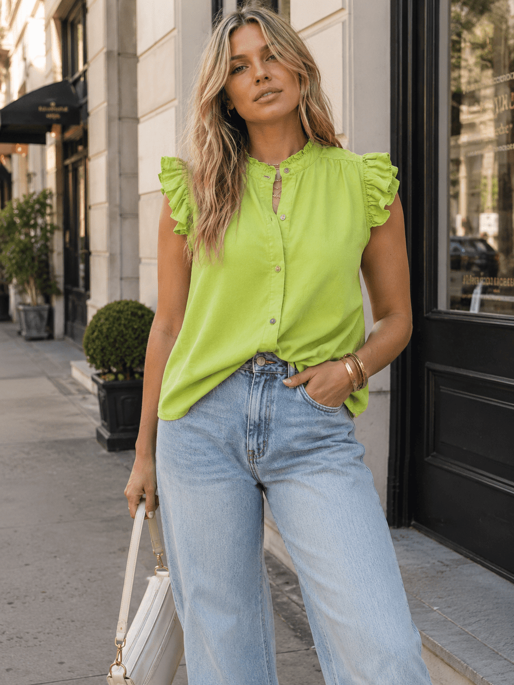 WOMEN'S RUFFLE SLEEVE BUTTON UP LINEN BLOUSE
