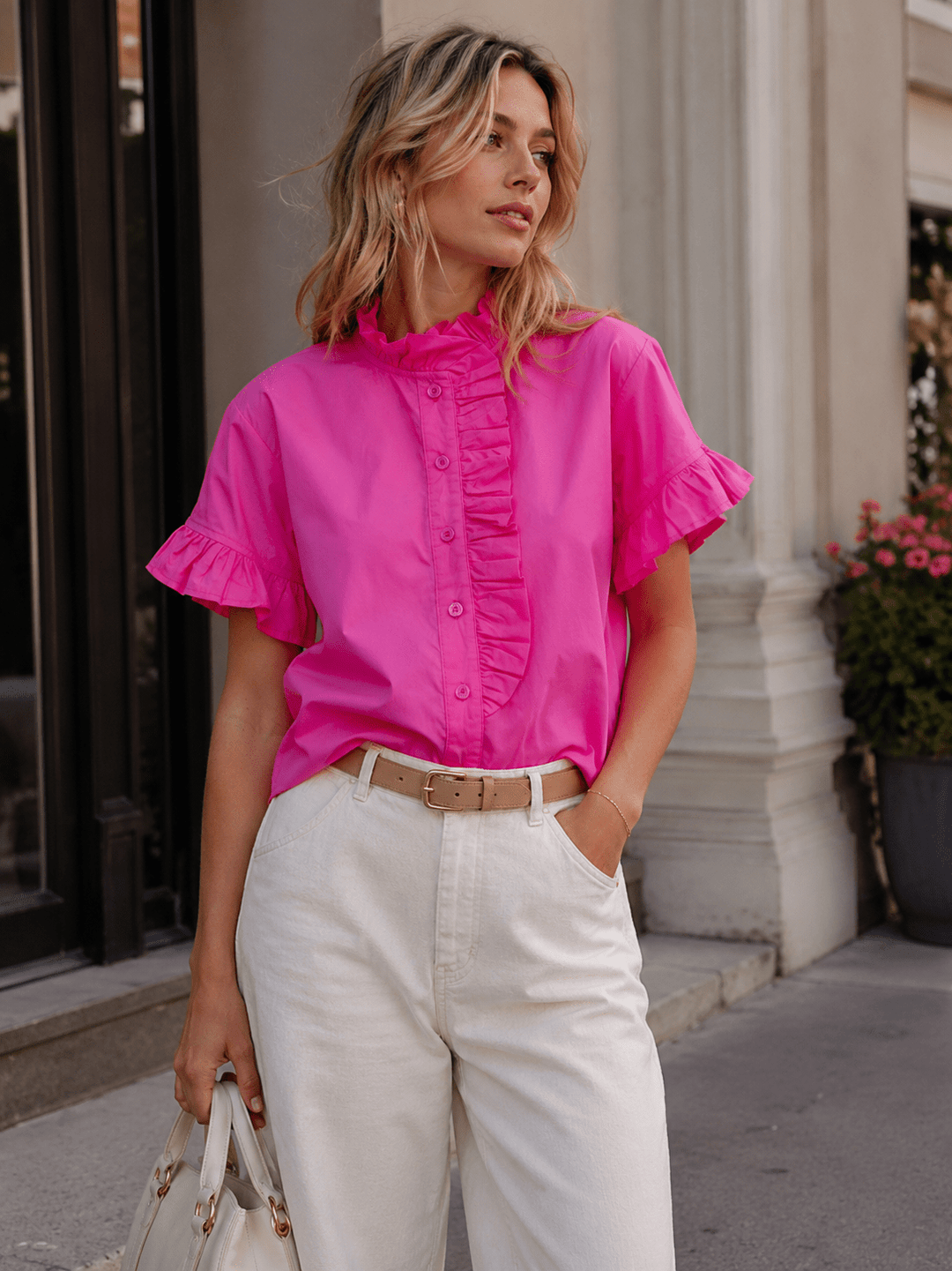 WOMEN'S SHORT SLEEVE BUTTON UP RUFFLE BLOUSE