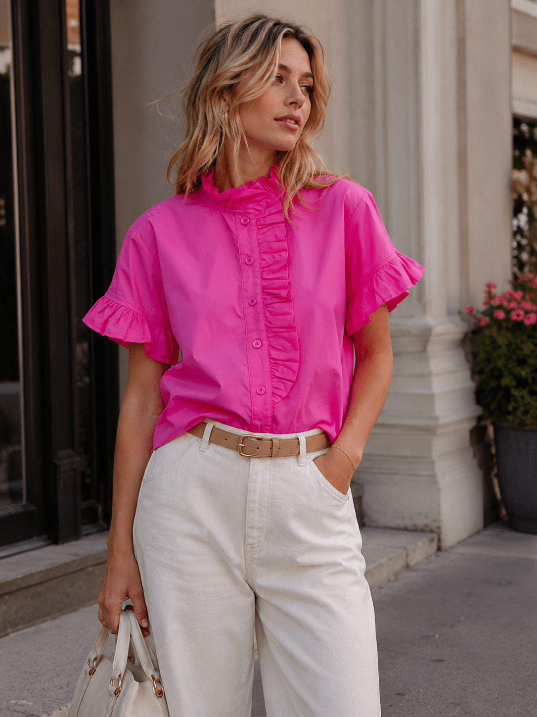 WOMEN'S SHORT SLEEVE BUTTON UP RUFFLE BLOUSE