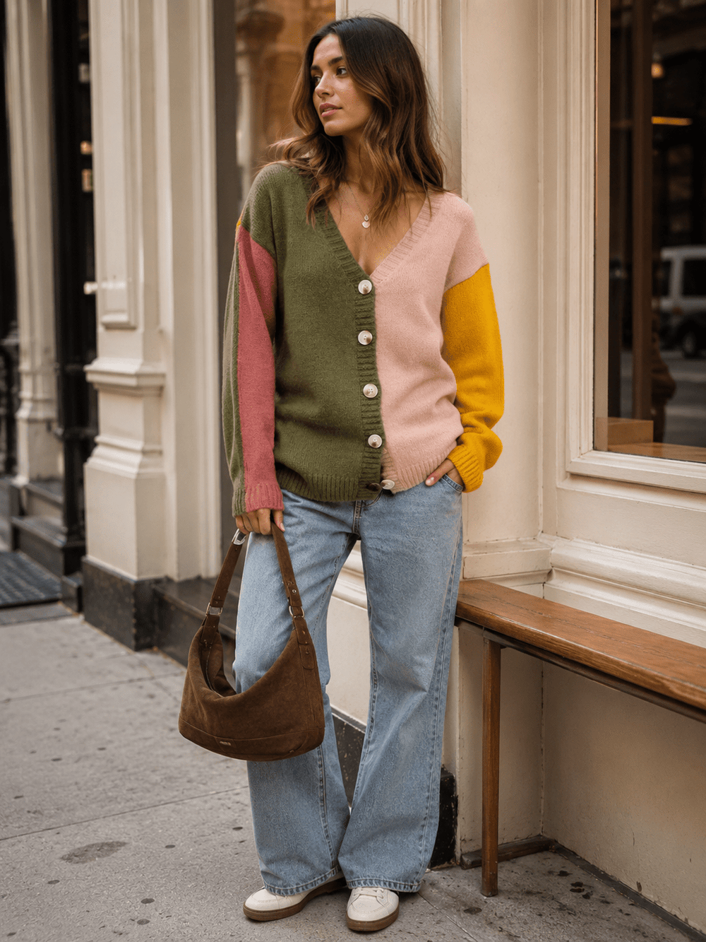 WOMEN'S LONG SLEEVE V-NECK BUTTON UP COLORBLOCK SWEATER