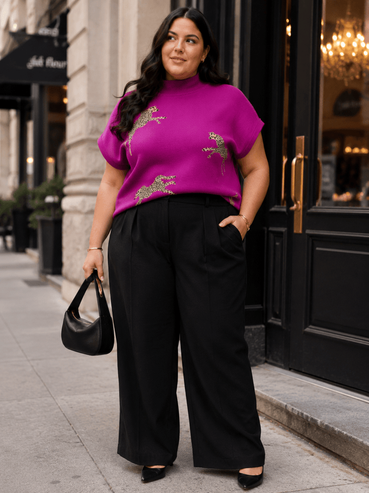 PLUS SIZE SHORT SLEEVE MOCK NECK GRAPHIC SWEATER TOP