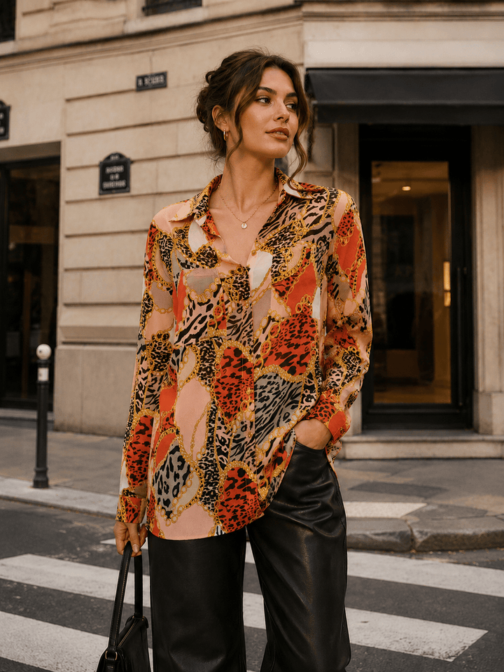WOMEN'S LONG SLEEVE BUTTON UP FRONT POCKET ANIMAL PRINT SHIRT