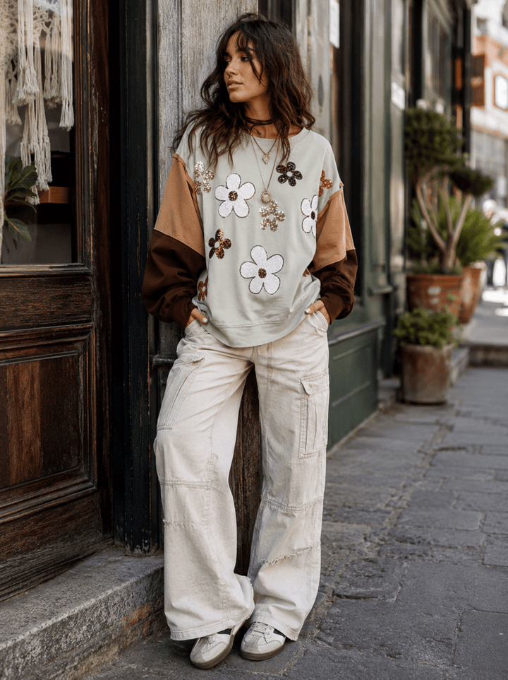 WOMEN'S LONG SLEEVE HIGH-LOW FLORAL GRAPHIC PULLOVER SWEATER