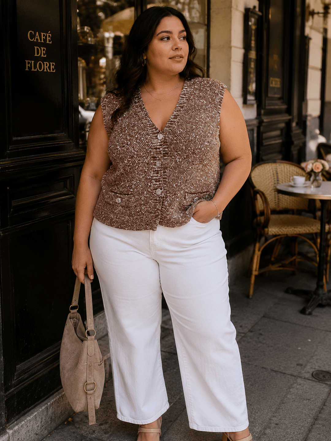 PLUS SIZE SLEEVELESS V-NECK BUTTON UP KNIT TOP