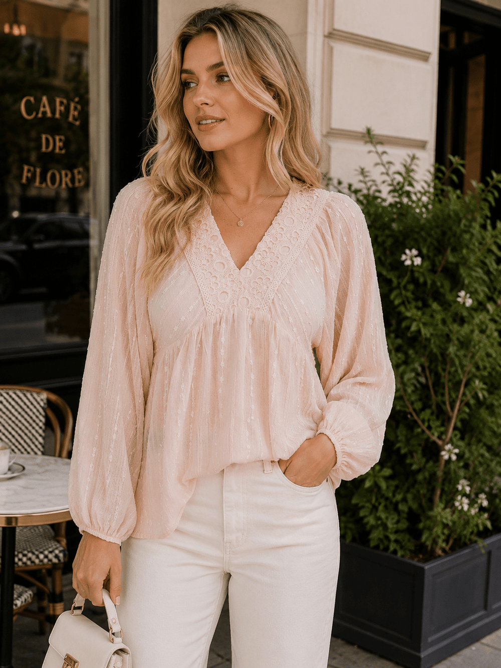 WOMEN'S LONG SLEEVE V-NECK TRIM DETAILED BLOUSE