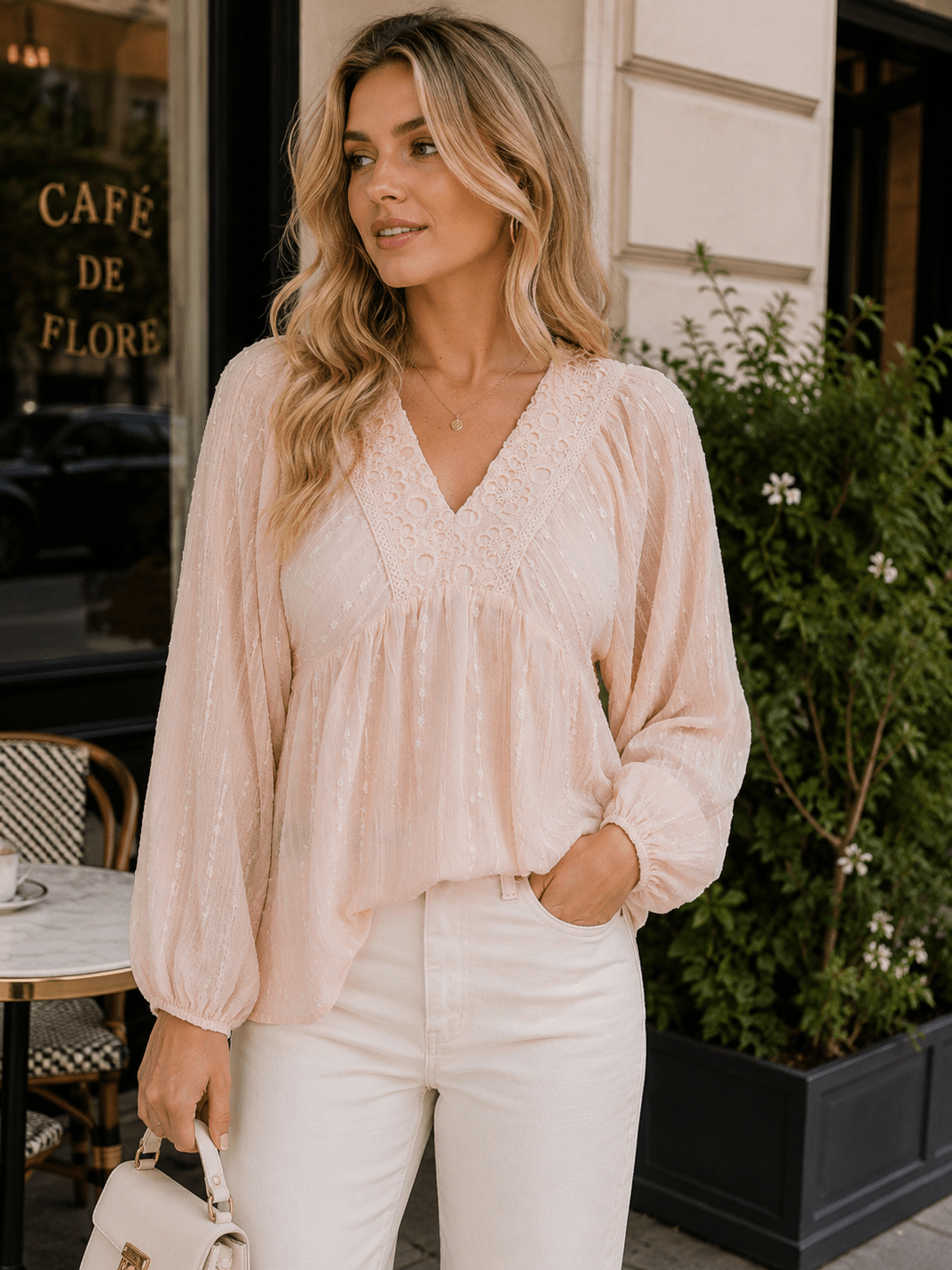 WOMEN'S LONG SLEEVE V-NECK TRIM DETAILED BLOUSE