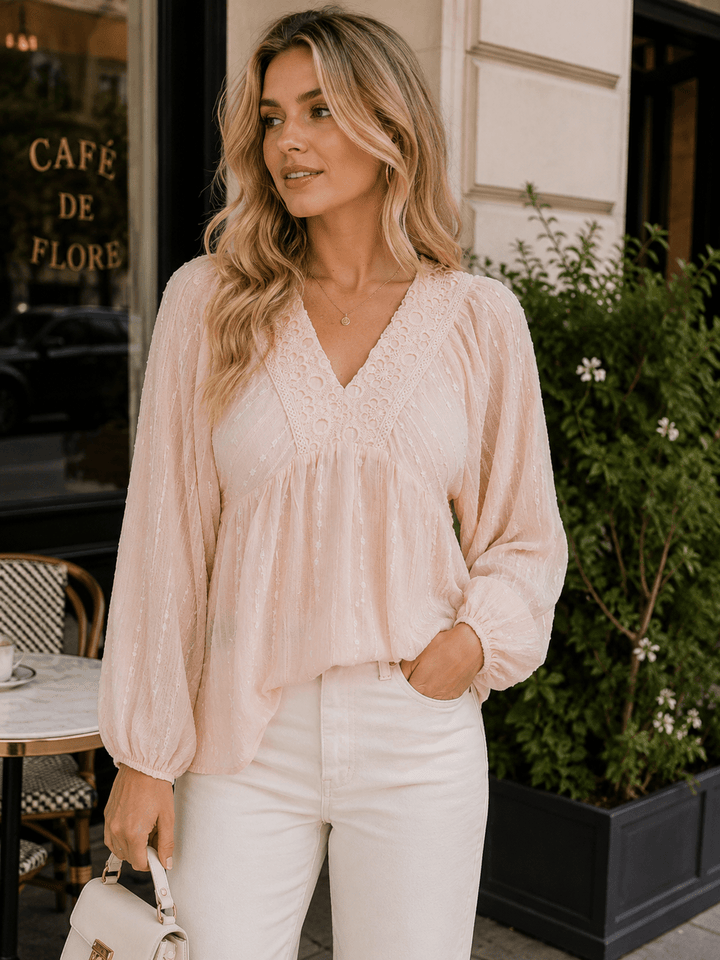 WOMEN'S LONG SLEEVE V-NECK TRIM DETAILED BLOUSE