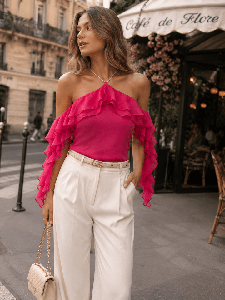 WOMEN'S OFF SHOULDER RUFFLE DETAILED HALTER NECK TOP