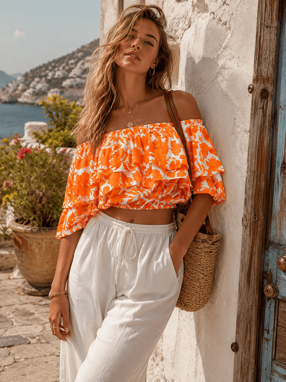 WOMEN'S OFF SHOULDER RUFFLE TIERED FLORAL CROP TOP