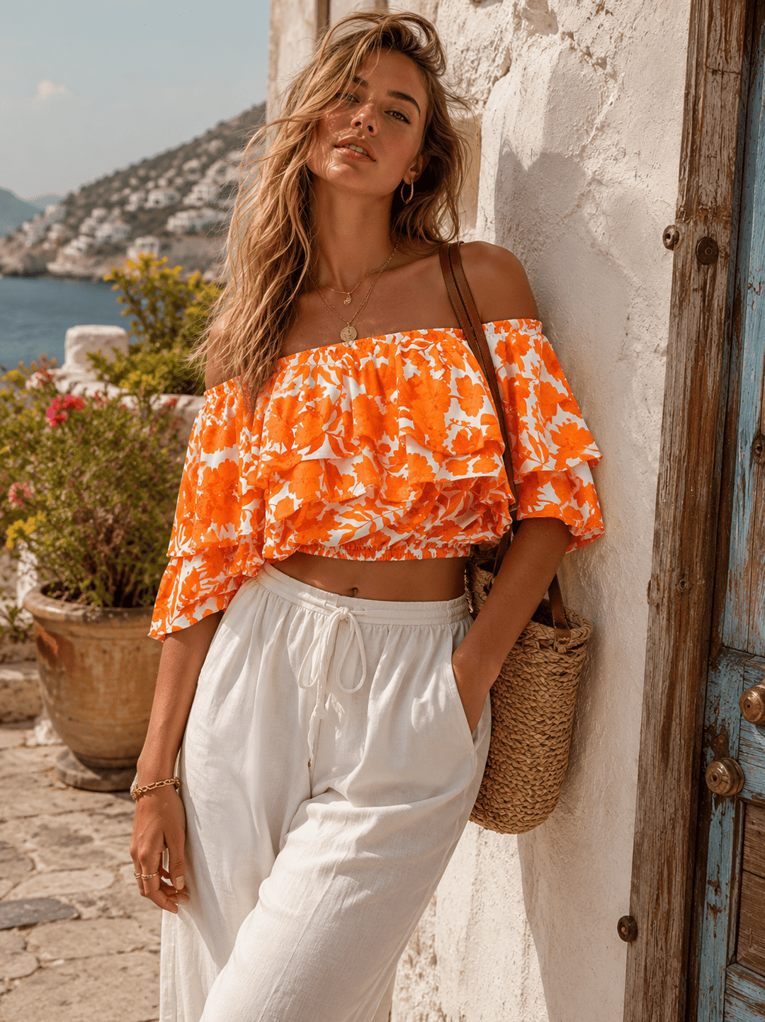 WOMEN'S OFF SHOULDER RUFFLE TIERED FLORAL CROP TOP