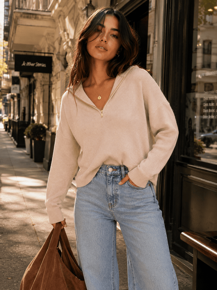 WOMEN'S LONG SLEEVE ZIP UP COLLAR PULLOVER SWEATER