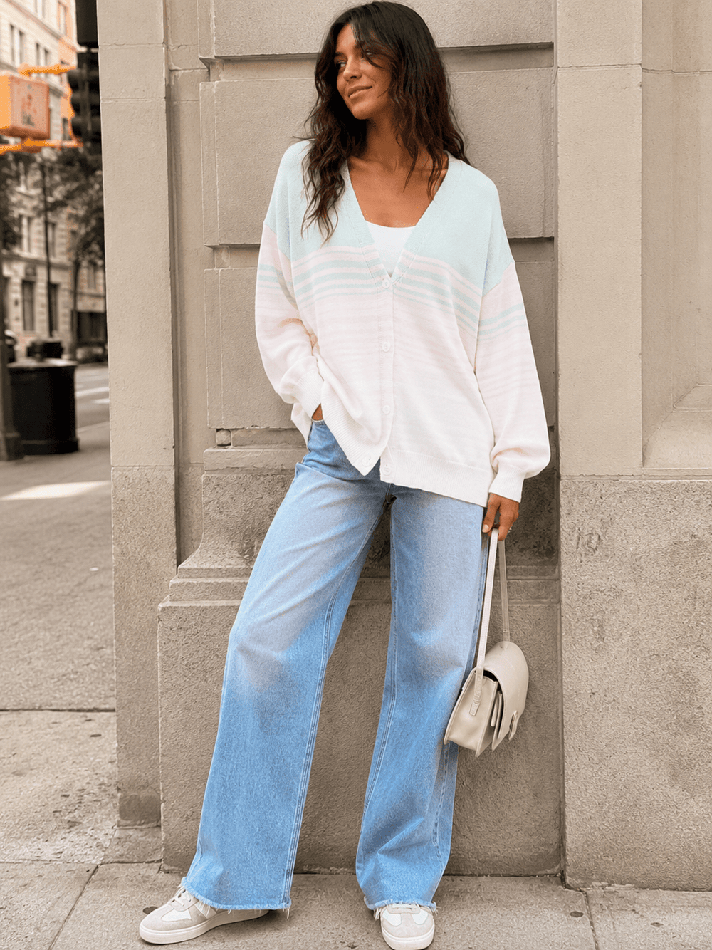 WOMEN'S LONG SLEEVE V-NECK BUTTON UP COLORBLOCK STRIPES SWEATER