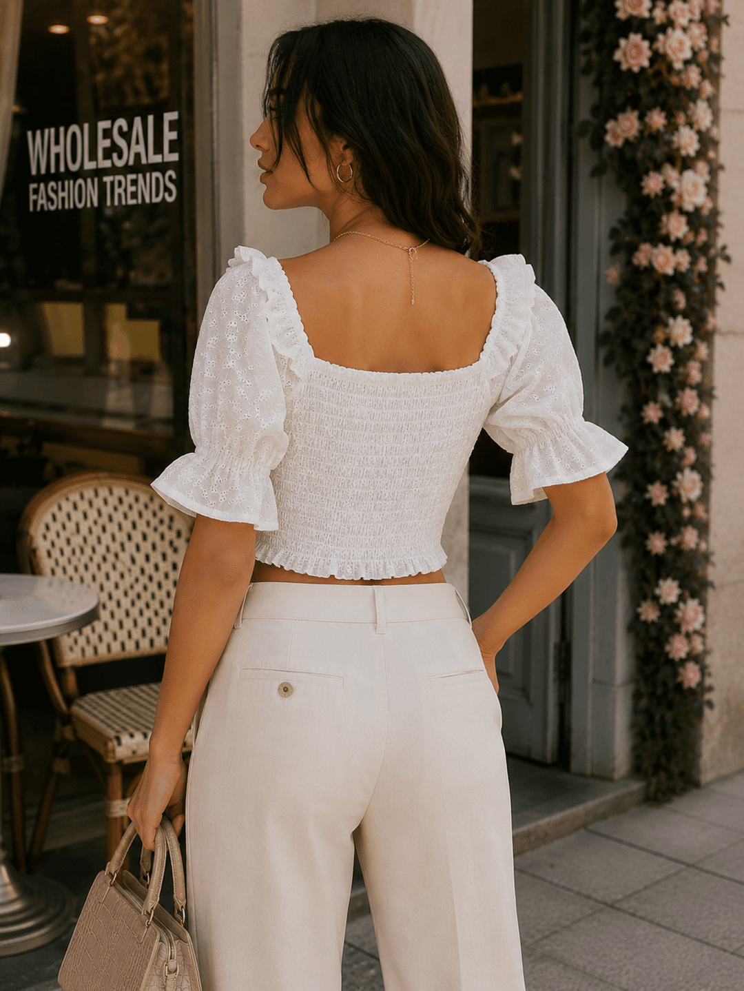 WOMEN'S SHORT PUFF SLEEVE SMOCK EMBROIDERY CROP TOP