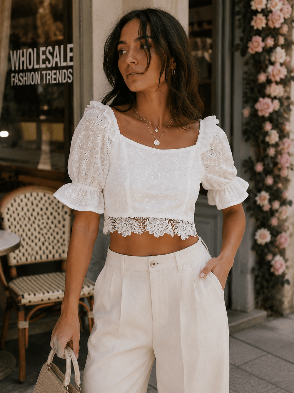 WOMEN'S SHORT PUFF SLEEVE SMOCK EMBROIDERY CROP TOP