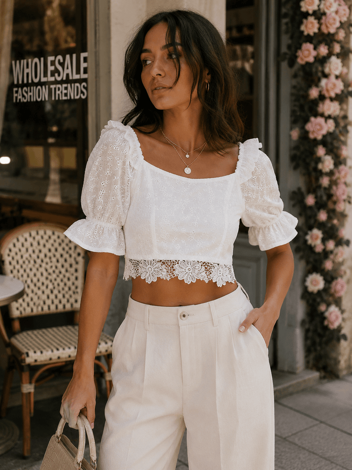 WOMEN'S SHORT PUFF SLEEVE SMOCK EMBROIDERY CROP TOP