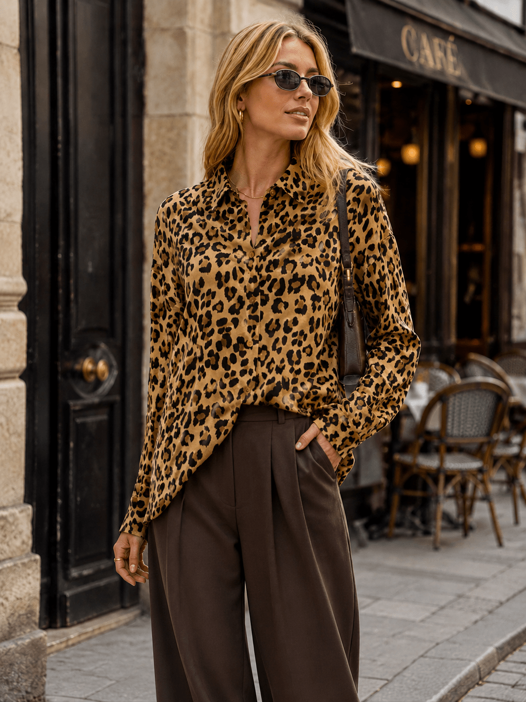 WOMEN'S LONG SLEEVE BUTTON UP HIGH-LOW ANIMAL PRINT SHIRT
