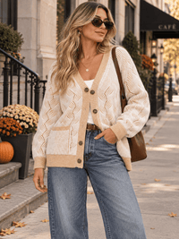 WOMEN'S LONG SLEEVE V-NECK BUTTON UP COLORBLOCK FRONT POCKETS DETAILED CARDIGAN