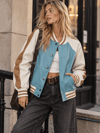 WOMEN'S LONG SLEEVE BUTTON UP FRONT POCKETS COLORBLOCK PU PLEATHER JACKET