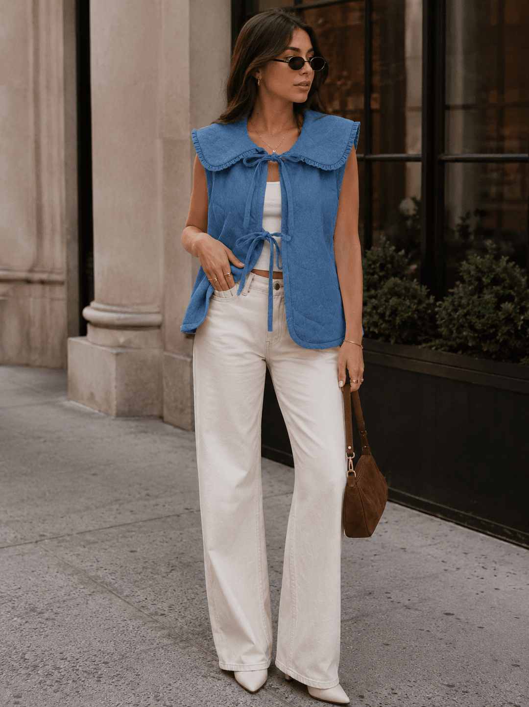 WOMEN'S SLEEVELESS FRONT TIE DENIM PADDED VEST