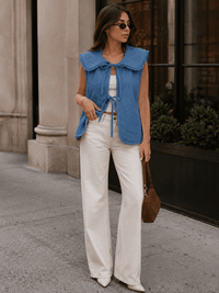 WOMEN'S SLEEVELESS FRONT TIE DENIM PADDED VEST