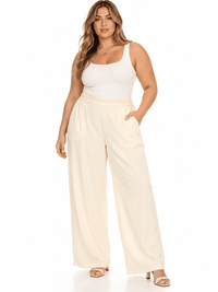 PLUS SIZE BUTTON CLOSURE ELASTIC DETAILED WAIST FRONT POCKETS WIDE LEG PANTS