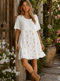 WOMEN'S SHORT SLEEVE FLORAL EMBROIDERY LOOSE FIT MINI DRESS